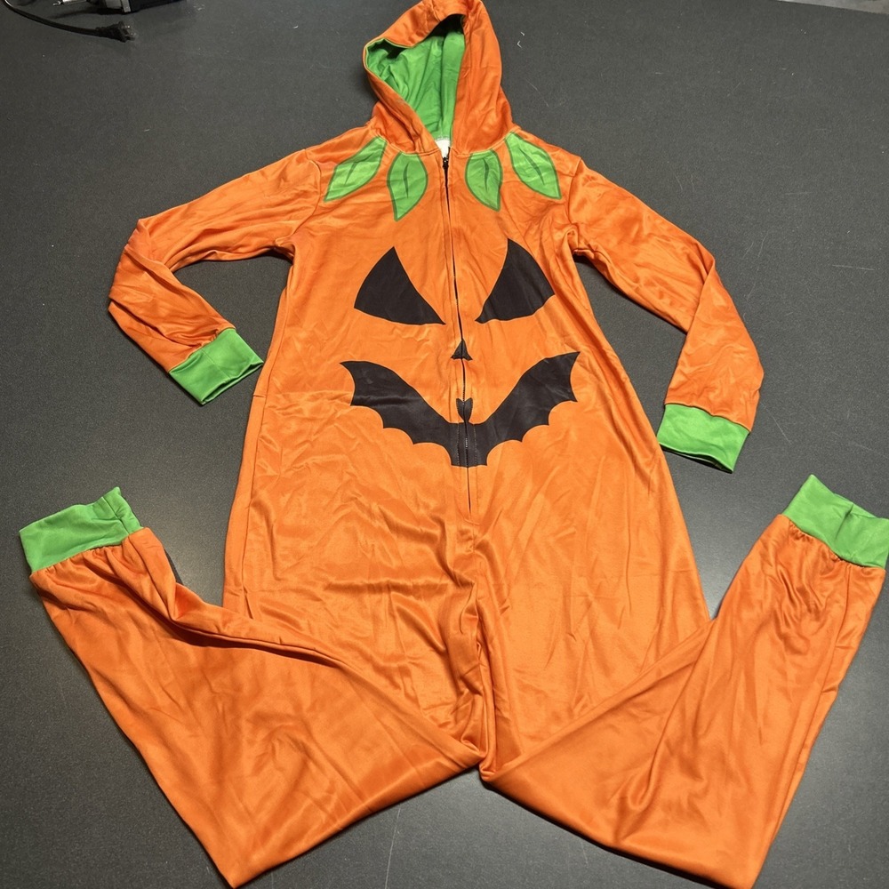 Hooded Orange Pumpkin Jack-o'-lantern Adult Halloween Pajama Costume  Size M